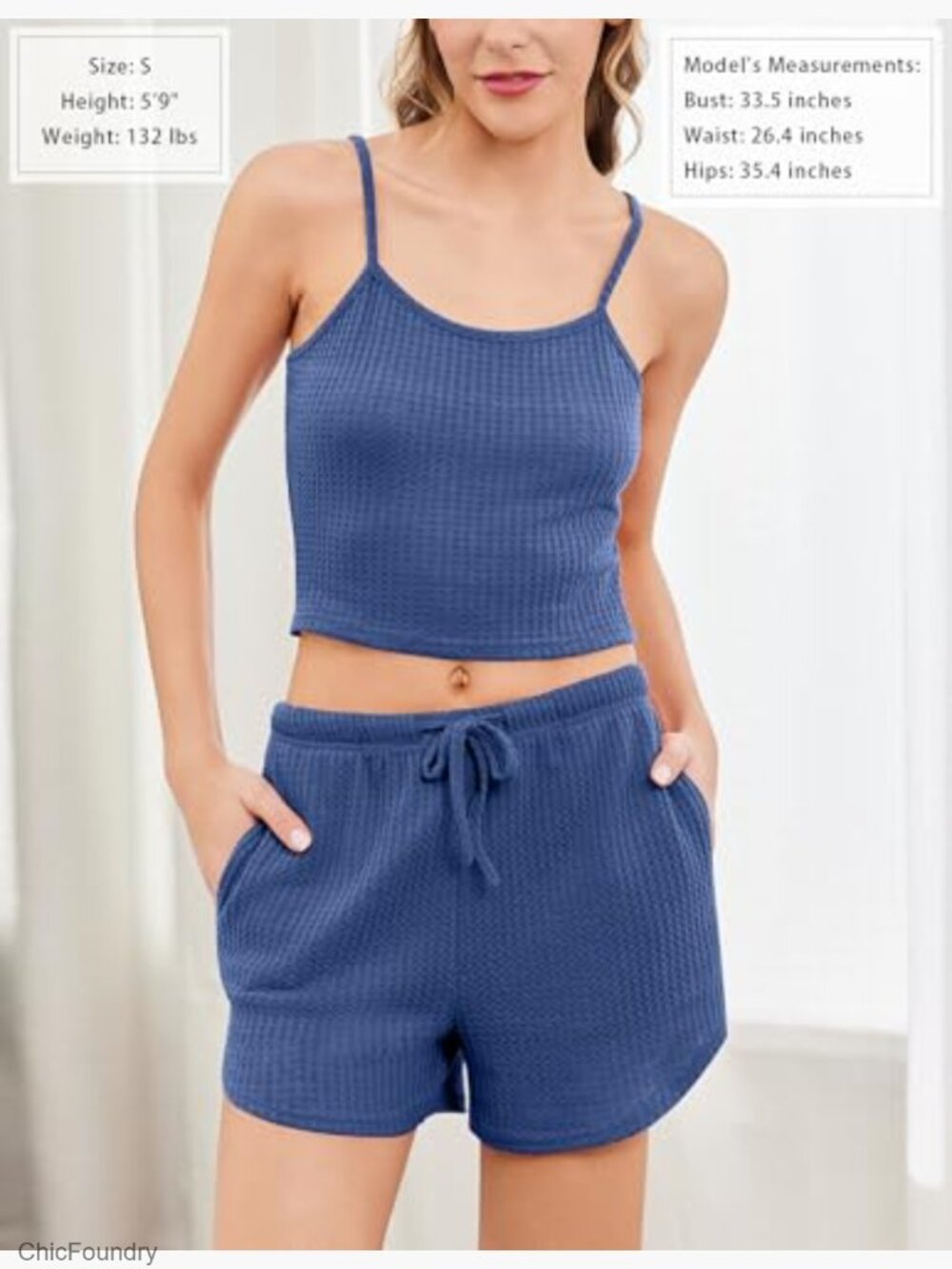 3-Piece Waffle Knit Lounge Set with Long Sleeve Top, Cami, and Shorts - Picture 3 of 7